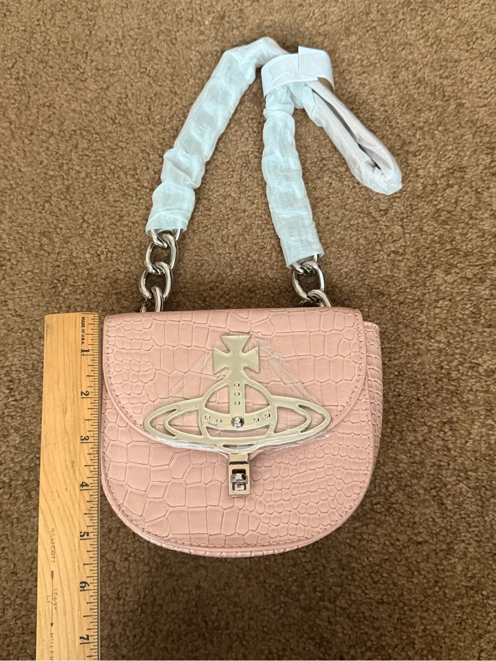 Vivienne Westwood Sofia Mini Pink Croc Vegan Leather Shoulder Bag